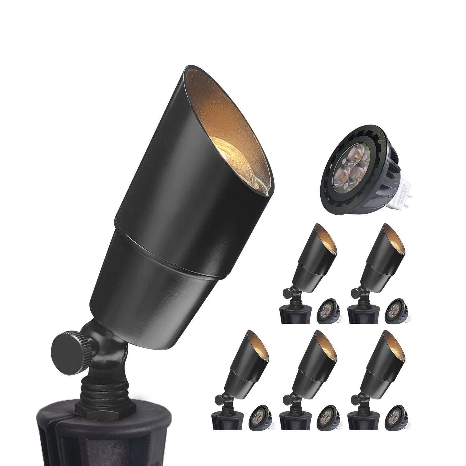 Black adjustable LED spotlights with MR16 bulbs for outdoor and landscape illumination.