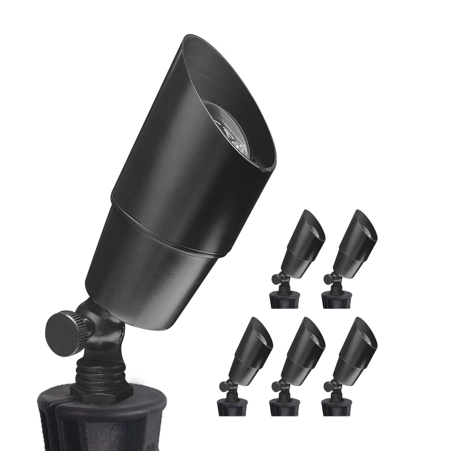 Set of five adjustable black LED spotlights for outdoor landscape illumination.