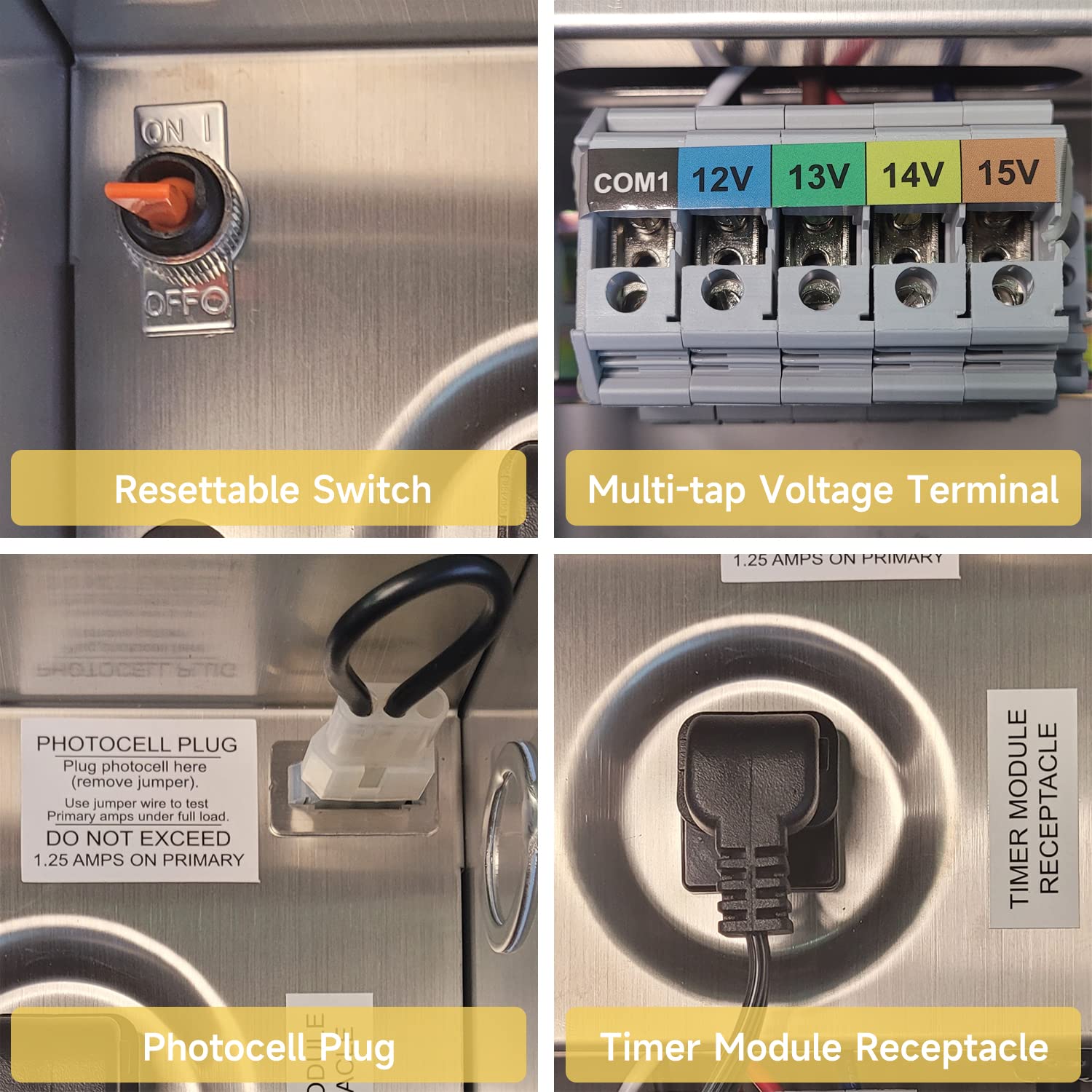 Features of 150W Multi-Tap Low Voltage Transformer: resettable switch, multi-tap voltage terminal (COM1, 12V, 13V, 14V, 15V), photocell plug with voltage specifications, and timer module receptacle