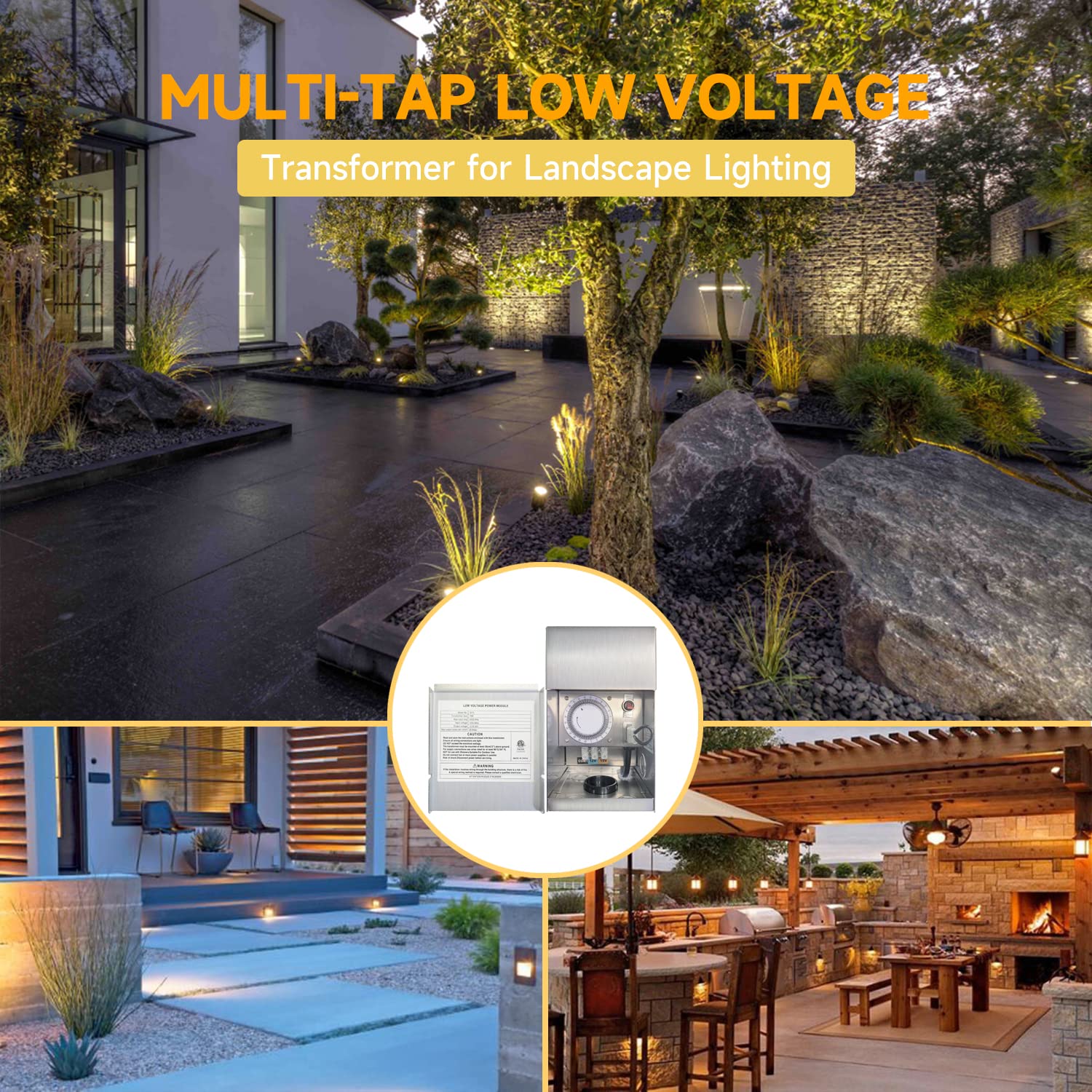 75W multi-tap low voltage transformer for outdoor landscape lighting showcased in various settings