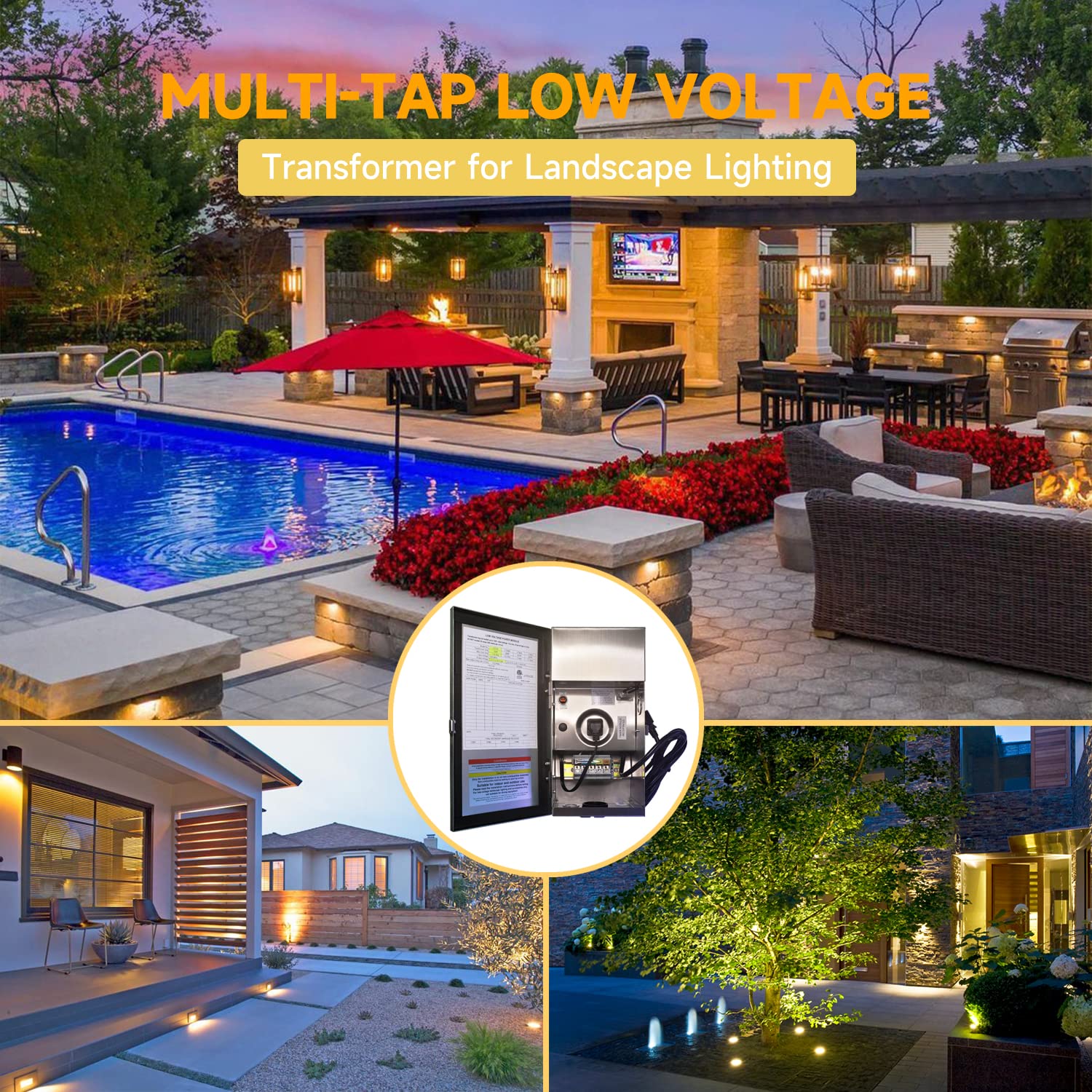 Outdoor spaces illuminated with landscape lighting, featuring poolside seating, modern home entryway, and garden path. Central inset of transformer for landscape lighting with controls. Text: Multi-Tap Low Voltage Transformer for Landscape Lighting.