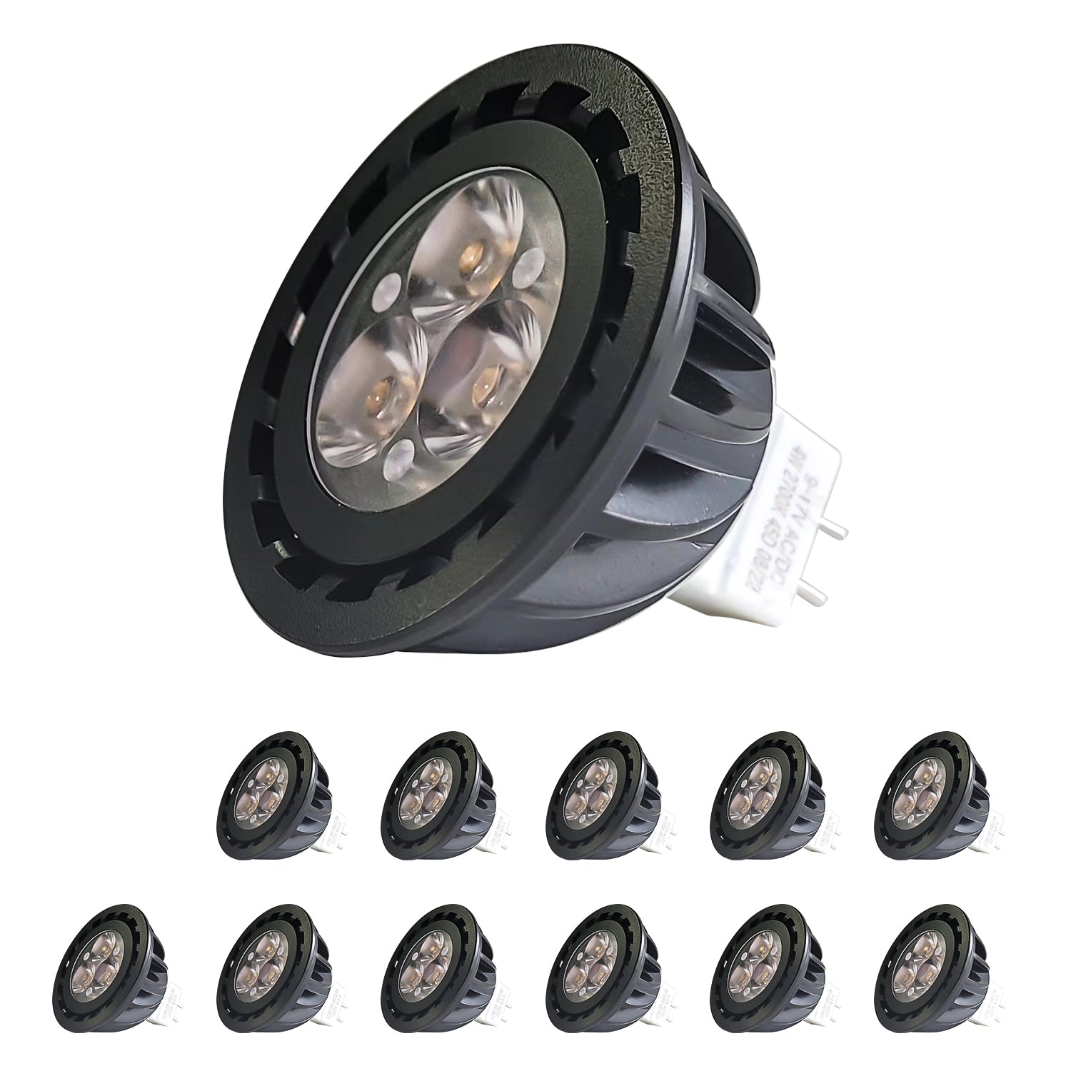 5W MR16 LED bulb with GU5.3 bi-pin base for outdoor waterproof lighting, set of multiple bulbs display.