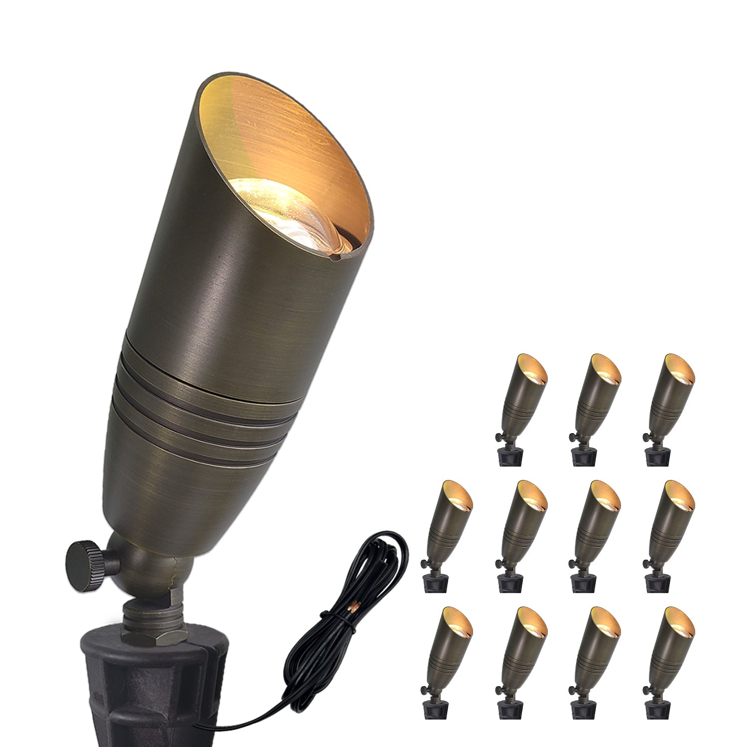 Brass LED landscape tree lighting low voltage outdoor spotlights COA102B-4 set displayed against white background