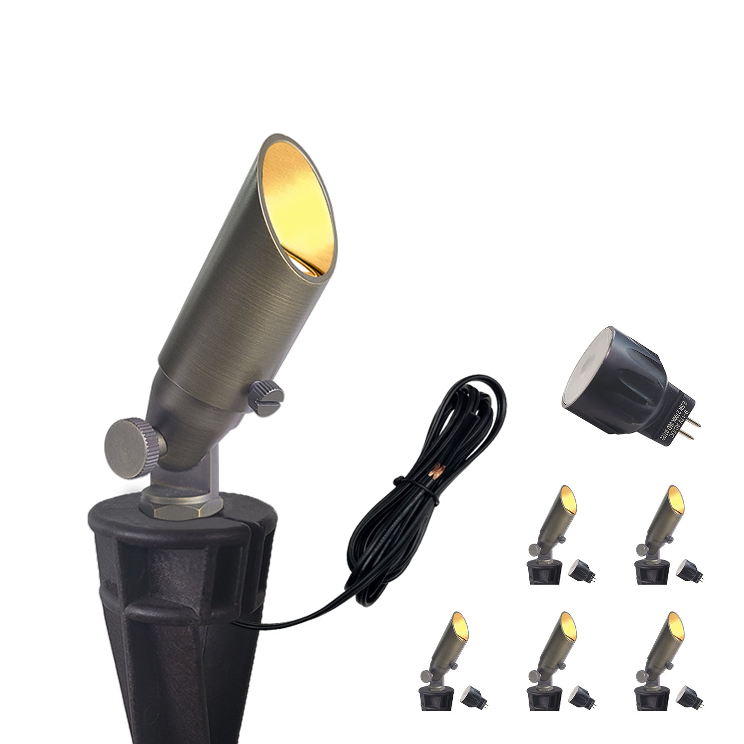 Brass low voltage outdoor spotlight with adjustable angle and ground spike for garden landscape lighting COA104B-7, includes multiple spotlight images and light bulb