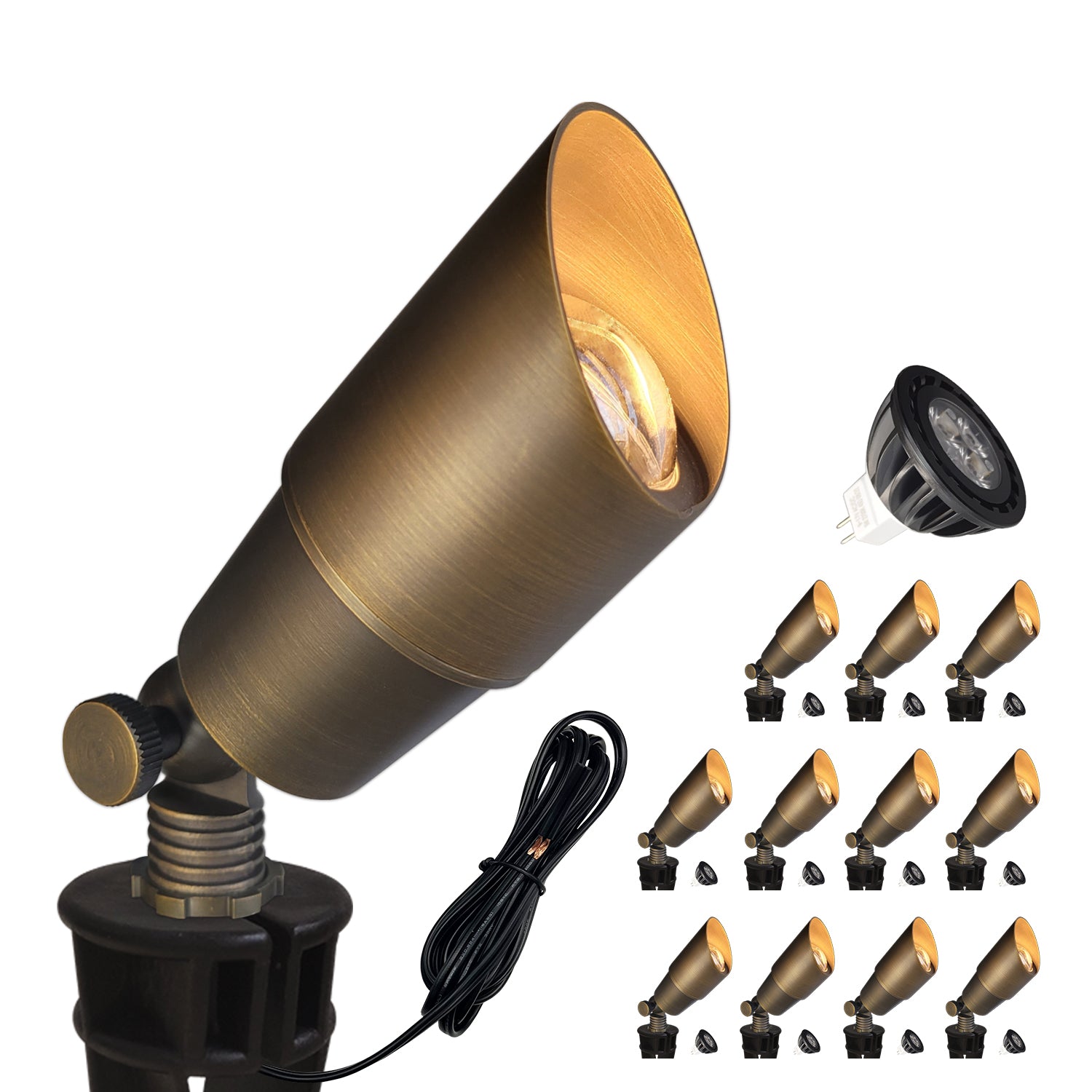 Brass finish LED landscape spotlight for garden decor, COA101B-7 model, showing adjustable angle and multiple units