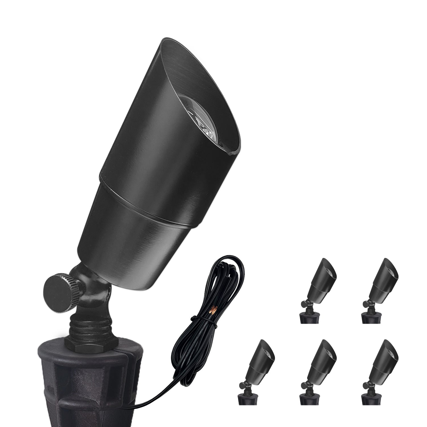 COA101B-10 Set of five adjustable black LED spotlights for outdoor landscape illumination.