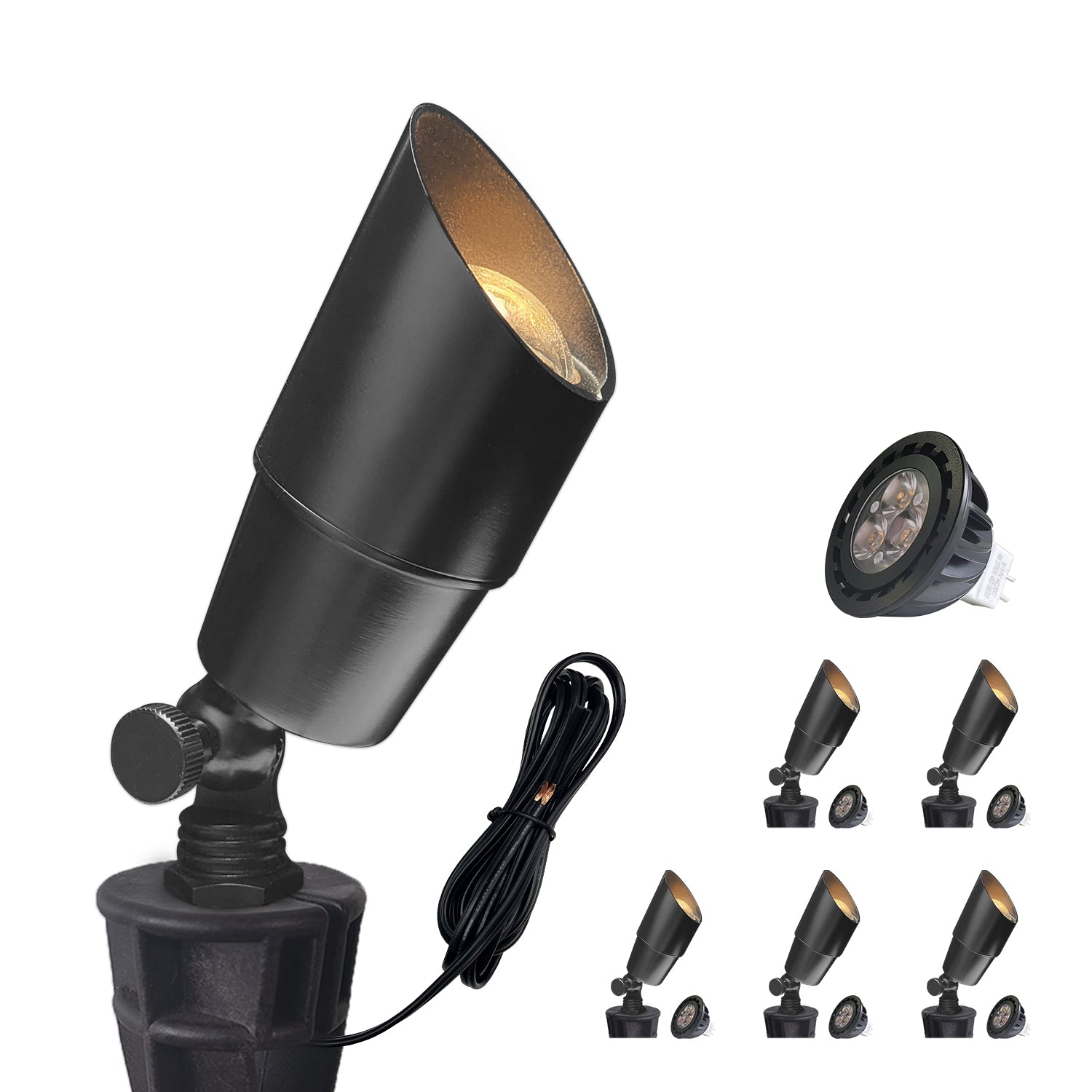 COA101B-13 Black adjustable LED spotlights with MR16 bulbs for outdoor and landscape illumination.