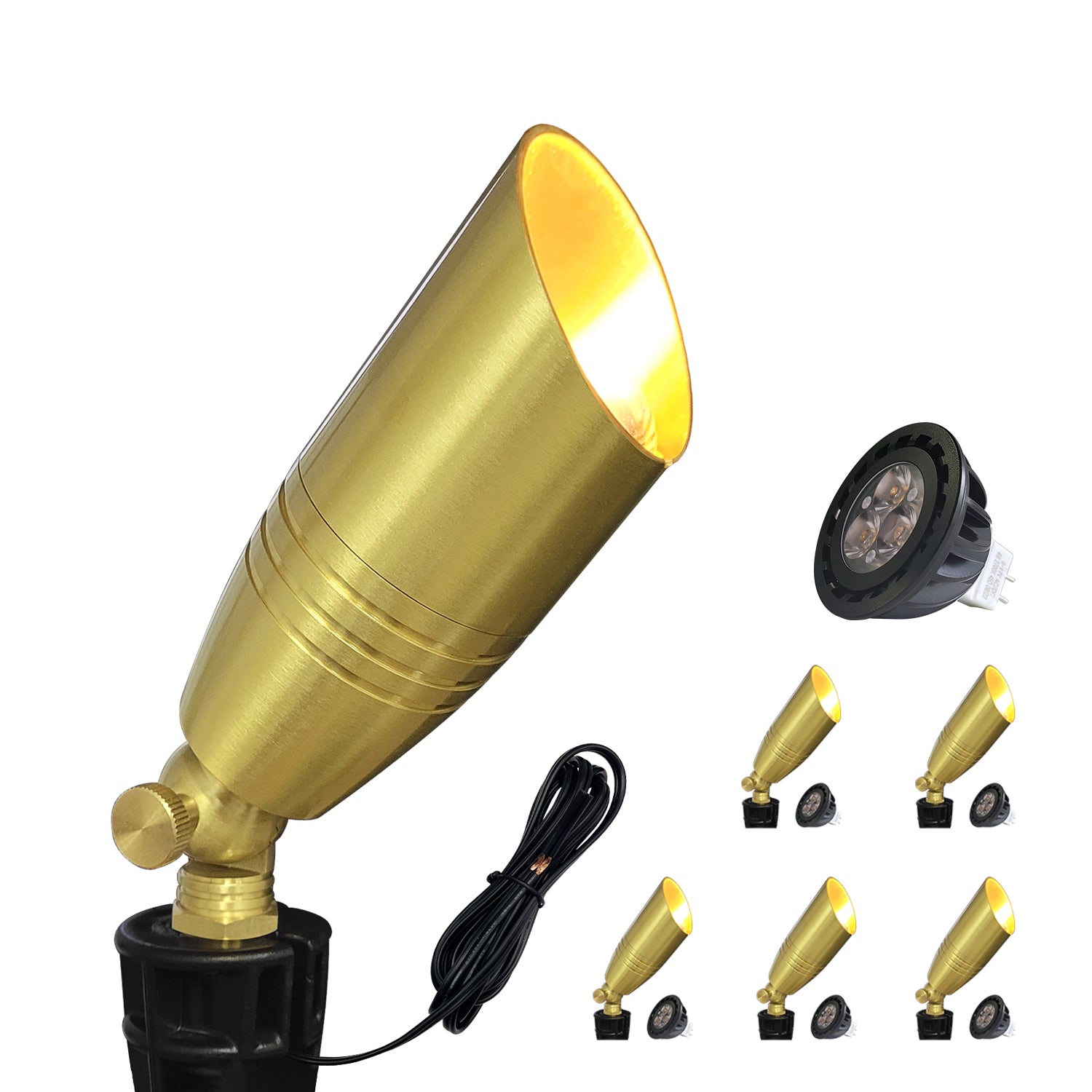 COA102B-13 Gold die-cast brass spotlight with adjustable head for outdoor lighting.