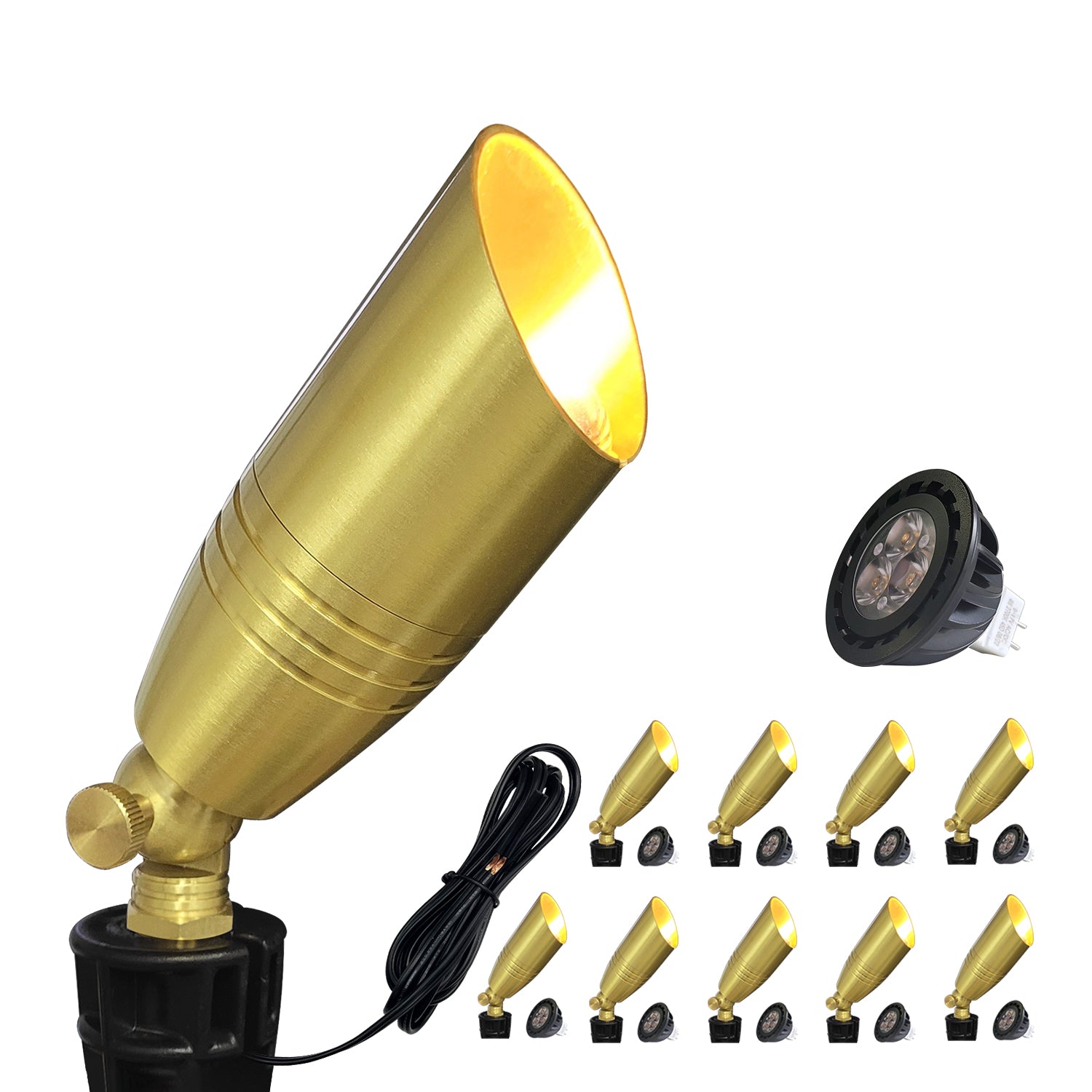 COA102B-14 Brass outdoor spotlight with adjustable beam and MR16 bulb for landscape lighting