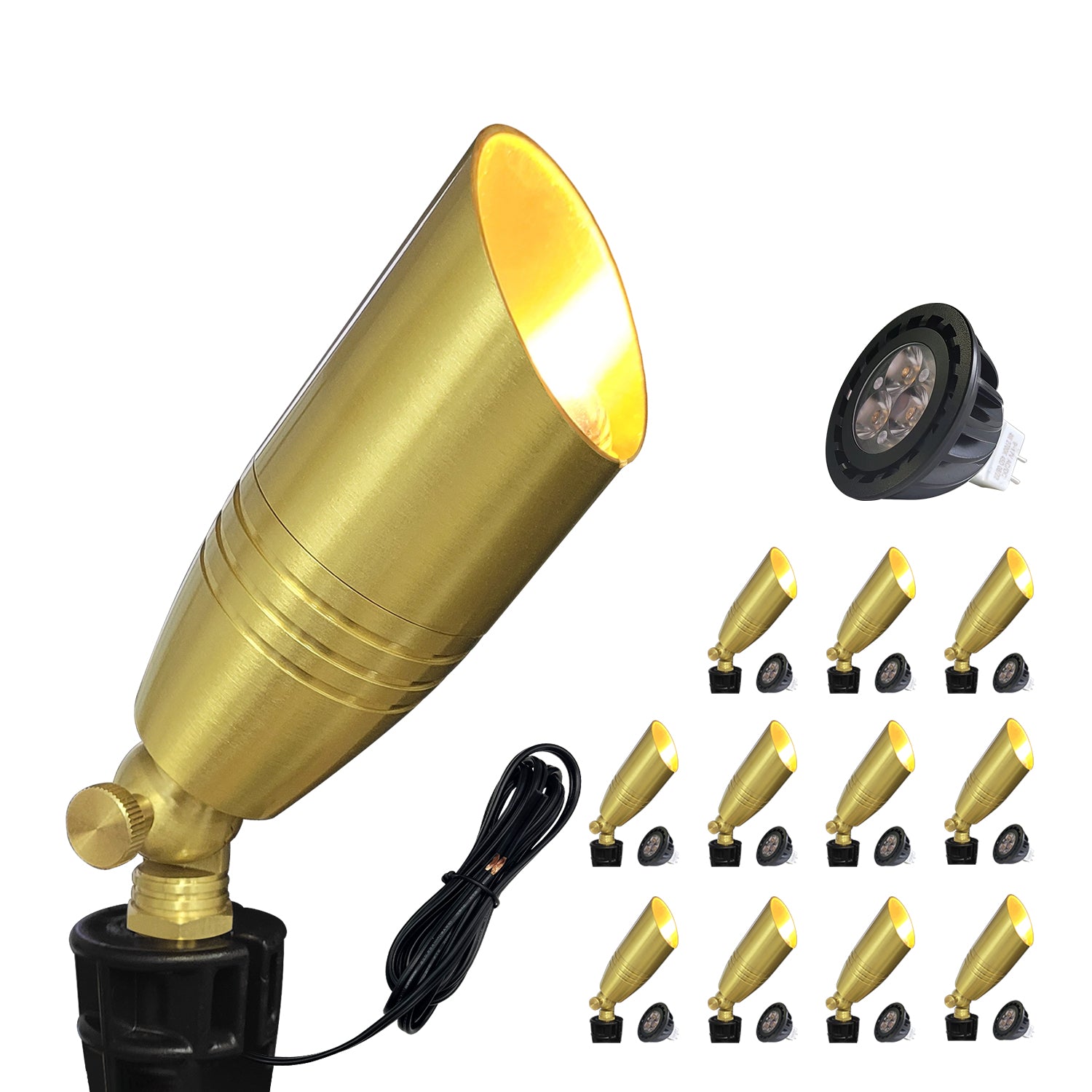 COA102B-15 Gold die-cast brass LED spotlight with MR16 bulb, designed for outdoor use