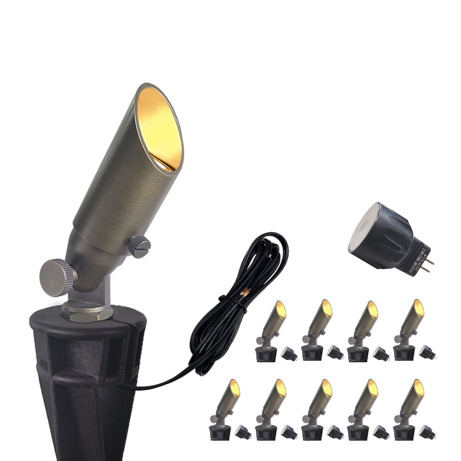COA104B-5 Brass Mini Size Low Voltage Outdoor Spotlight for Landscape Garden Lighting, featured with adjustable head and multiple units in background