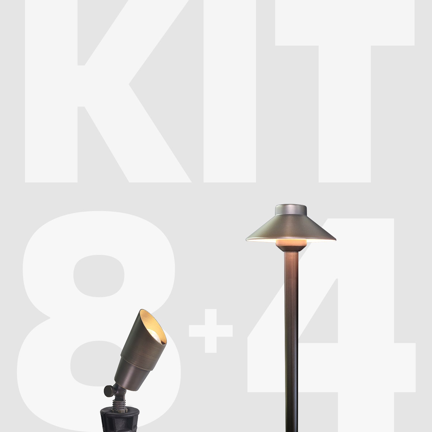 Solid brass 12V LED low voltage landscape lighting kit featuring an adjustable spotlight and a classic brass pathlight against a gray background with 'KIT' text overlay