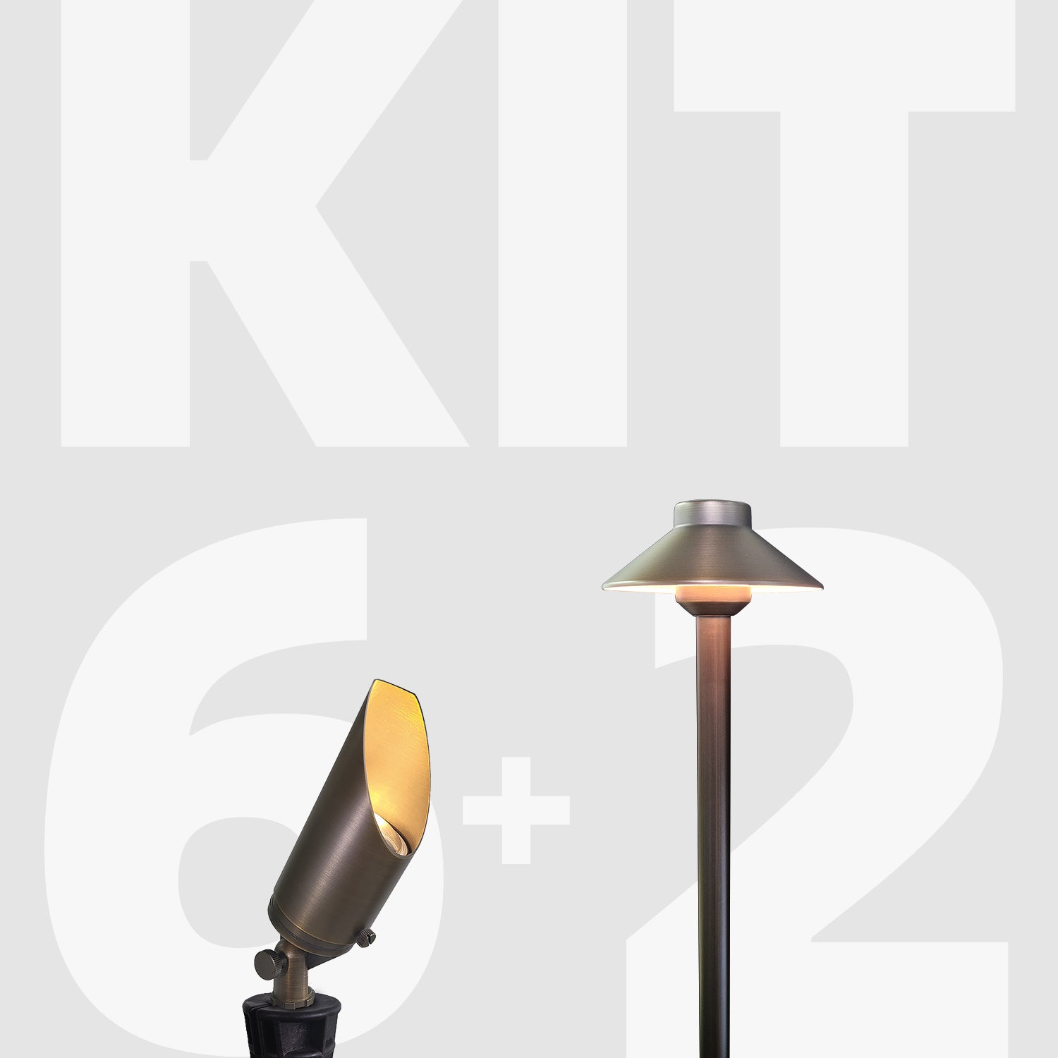 Solid Brass 12V LED Landscape Lighting Kit, featuring an angled path light and a directional spotlight with KIT 6+2 overlay text.
