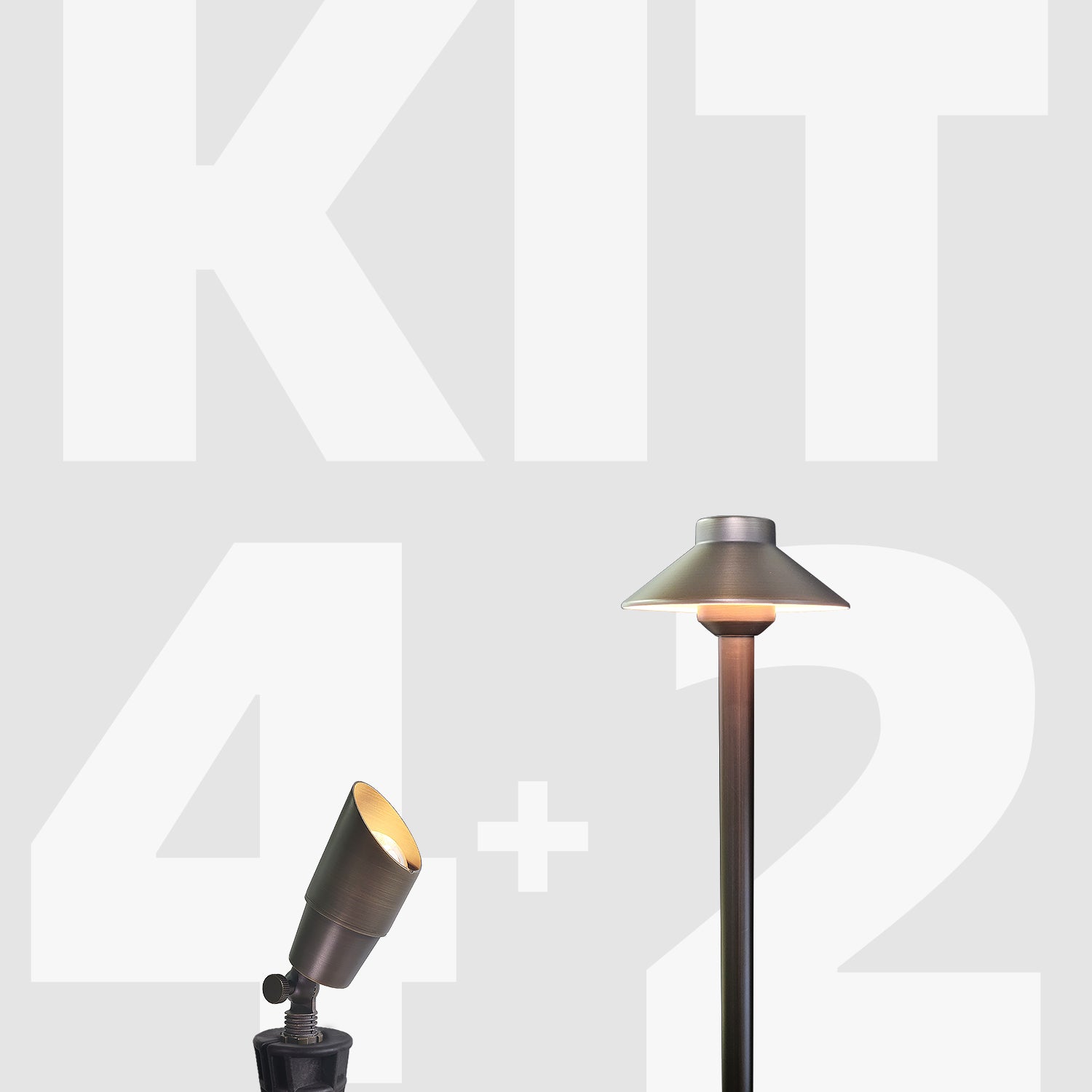 Brass finish LED low voltage outdoor lighting kit featuring spotlight and path light on a gray background with 'KIT 4+2' text.