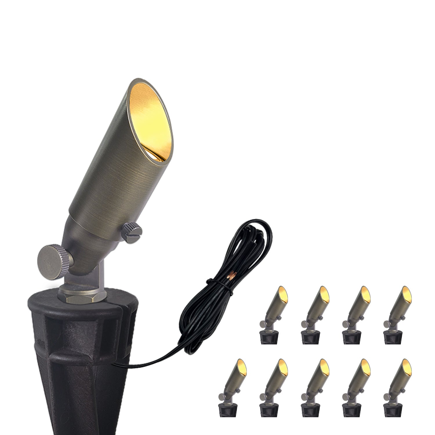 Mini Size Low Voltage LED Brass Outdoor Spotlight for Landscape Garden Lighting, model COA104B-3, displayed with multiple units in the background