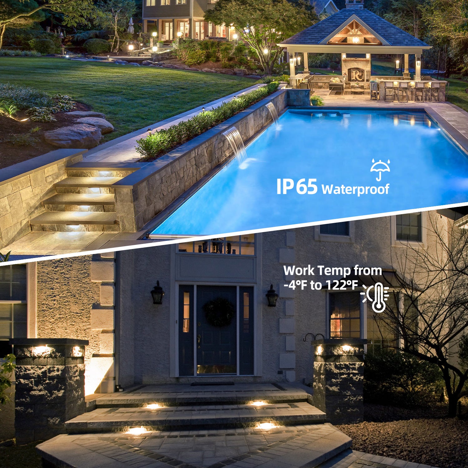 Upper section of image shows a poolside area lit with COH201A LED Hardscape Lights, IP65 waterproof. Lower section shows a house entrance with steps illuminated by the same lights, highlighting working temperature from -4°F to 122°F