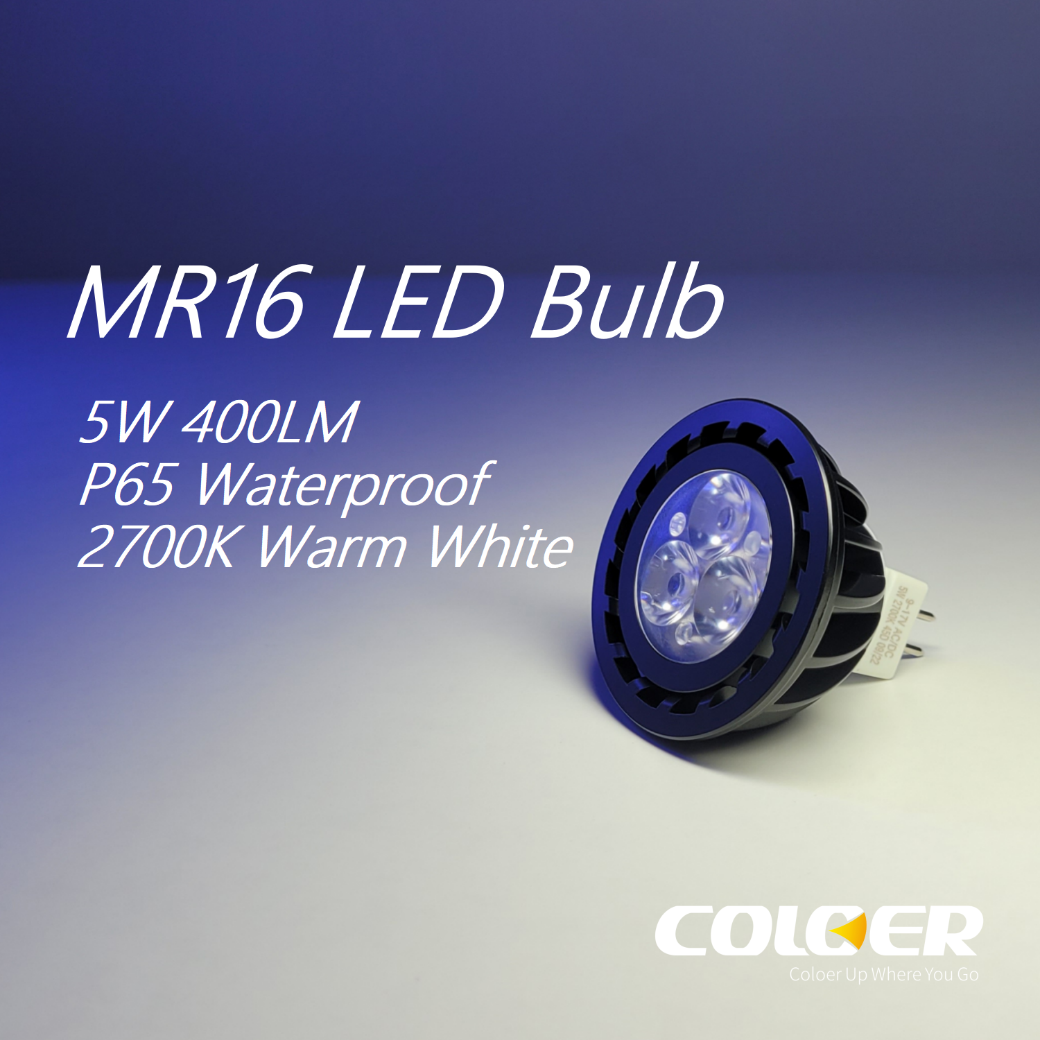 5W MR16 LED bulb with 400LM output, P65 waterproof rating, and 2700K warm white light, energy-efficient lighting kit.